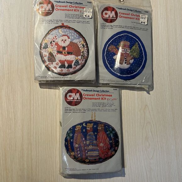 3 Crewel Christmas Ornament Kit Santa Candy Cane Snowman Tree Three Wise Men NWT - Picture 1 of 9